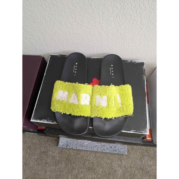 Marni Logo Flat Slides Lime Green Size 44